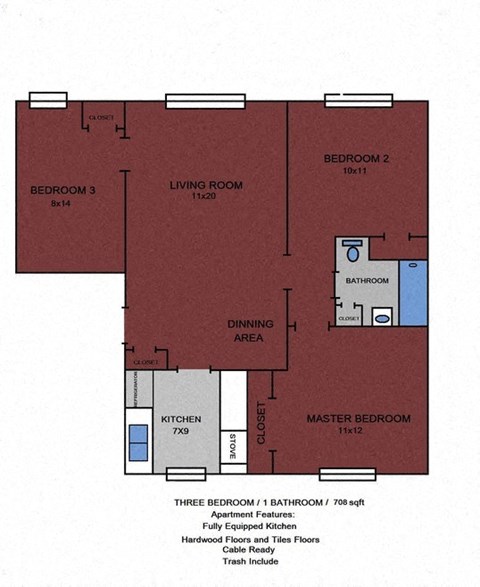 Floor plan for 3 beds, 1 bath, 708 sqft